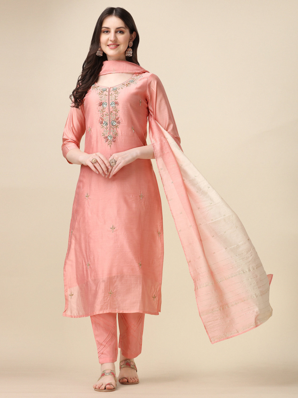 Embroidered Kurta With Pant & Dupatta Set, Multicolor - Hiral Fashion | Grocsy