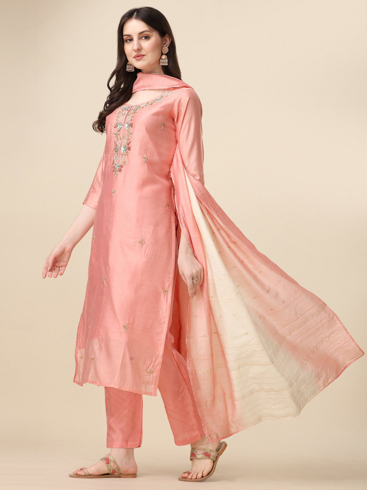 Embroidered Kurta With Pant & Dupatta Set, Multicolor - Hiral Fashion | Grocsy