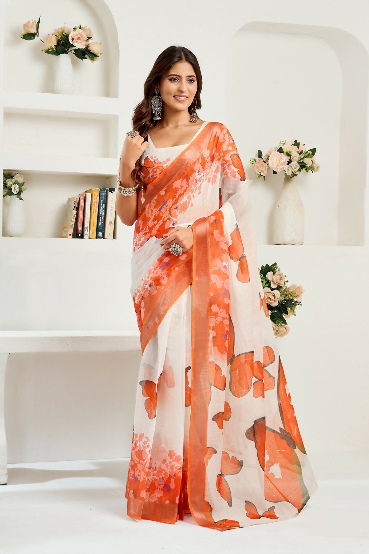 Vastranavya White Orange Digital Printed Linen Ready To Wear Designer Saree with Unstitched Blouse | Grocsy
