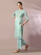 Myshka Women's Sea Green Solid Straight Party Kurta Set | Grocsy