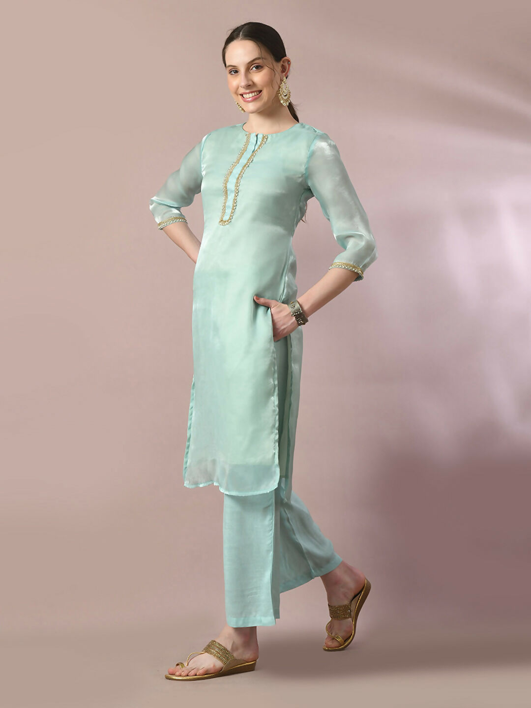 Myshka Women's Sea Green Solid Straight Party Kurta Set | Grocsy