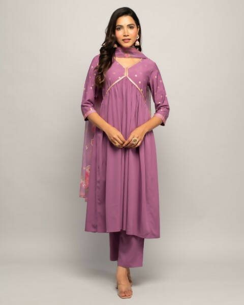 FIORRA Women's Lavender Creap A-Line Kurta Pant With Dupatta | Grocsy