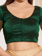 Joban Fashion Bottle Green Taffeta Silk Padded Blouse With Round Neck Elbow Sleeves | Grocsy