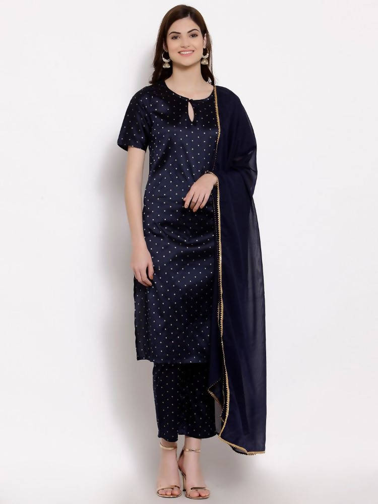 Myshka Women's Dark Blue Silk Blend Half Sleeve Round Neck Printed Casual Kurta Pant Dupatta Set | Grocsy