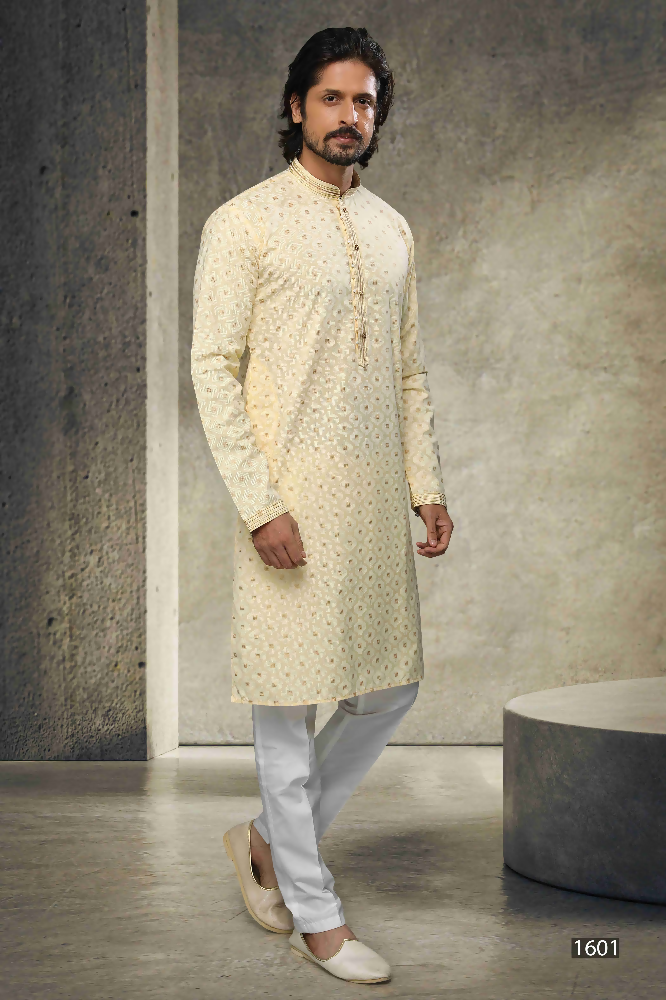 Raivat Ethnic Cotton Printed Work Kurta Pajama In Yellow Colour | Grocsy