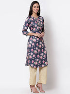 Myshka Silk Printed 3/4 Sleeve Round Neck Casual Blue Women's Kurta | Grocsy