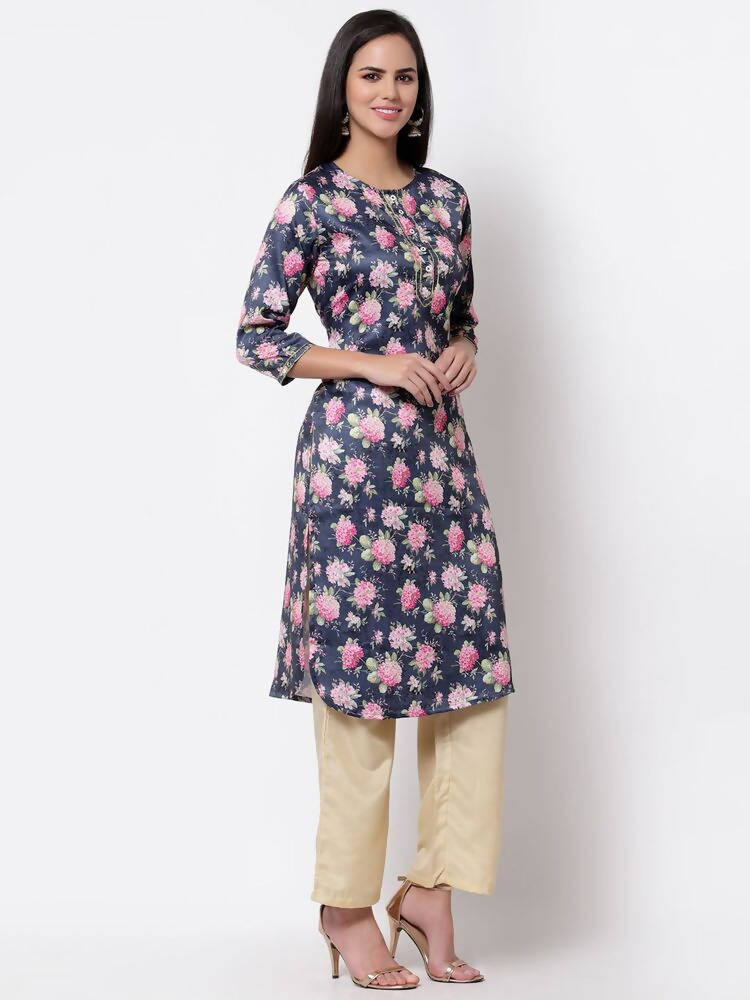 Myshka Silk Printed 3/4 Sleeve Round Neck Casual Blue Women's Kurta | Grocsy