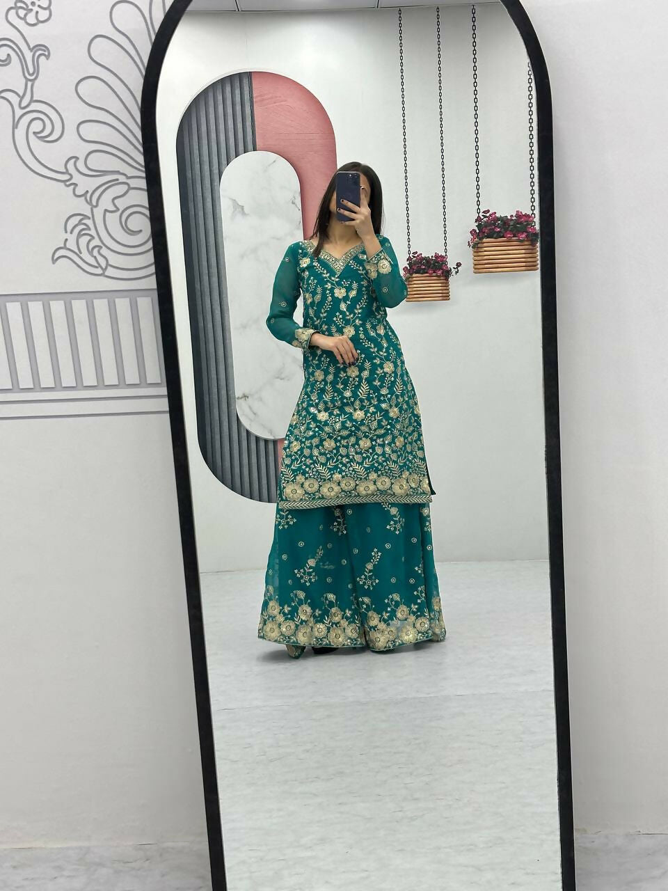 Teeya Creation Womens New Heavy Fox Georgette Fabric With Heavy Embroidery Work Green Kurta Set | Grocsy