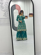 Teeya Creation Womens New Heavy Fox Georgette Fabric With Heavy Embroidery Work Green Kurta Set | Grocsy