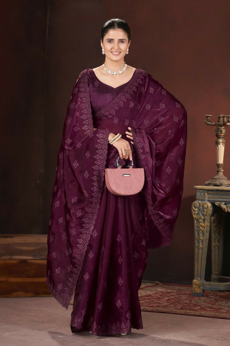 Vastranavya Wine Jimmy Choo Silk 3mm Sequence work with Cross Stitch Embroidery work & Cutwork Border Saree | Grocsy