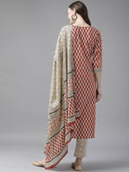 Yufta Women Rust Red and Beige Print Pure Cotton Kurta with Trouser and Dupatta | Grocsy