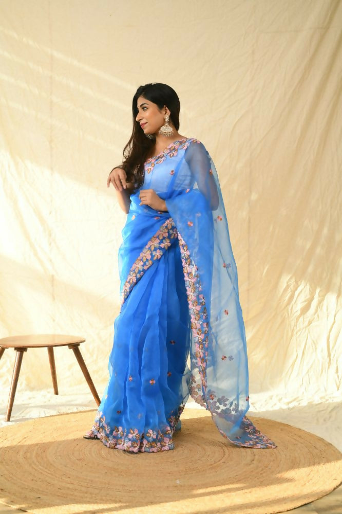 Vamsee Manali Blue Organza Saree | Grocsy
