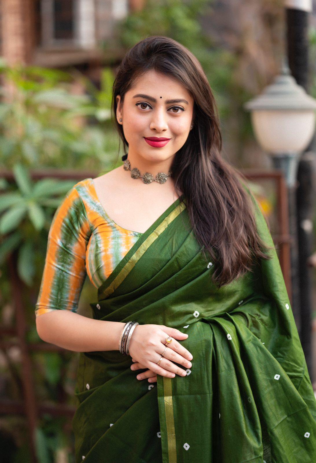 Mehndi Chanderi Cotton Block Print Saree with Unstitched Blouse - Hiral Fashion | Grocsy