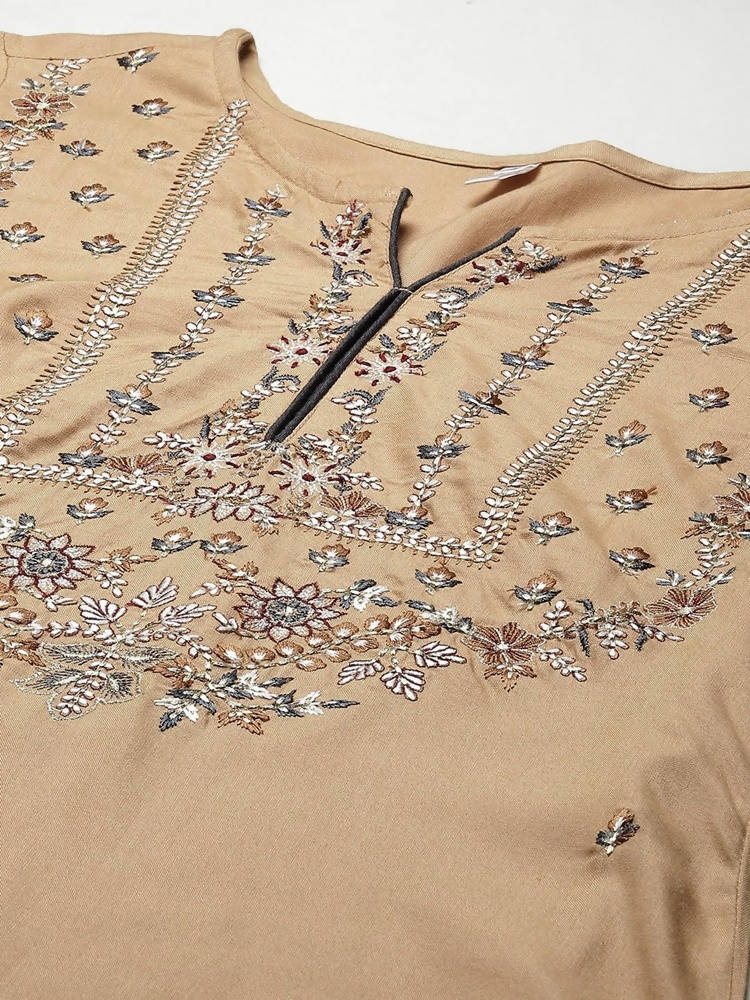 Yufta Women Beige & Charcoal Grey Ethnic Motifs Embroidered Kurta with Trouser & Dupatta | Grocsy