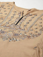 Yufta Women Beige & Charcoal Grey Ethnic Motifs Embroidered Kurta with Trouser & Dupatta | Grocsy