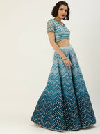 House of Panchhi Women Teal shading Net Mirror Embroidered Lehenga & Blouse with Dupatta | Grocsy