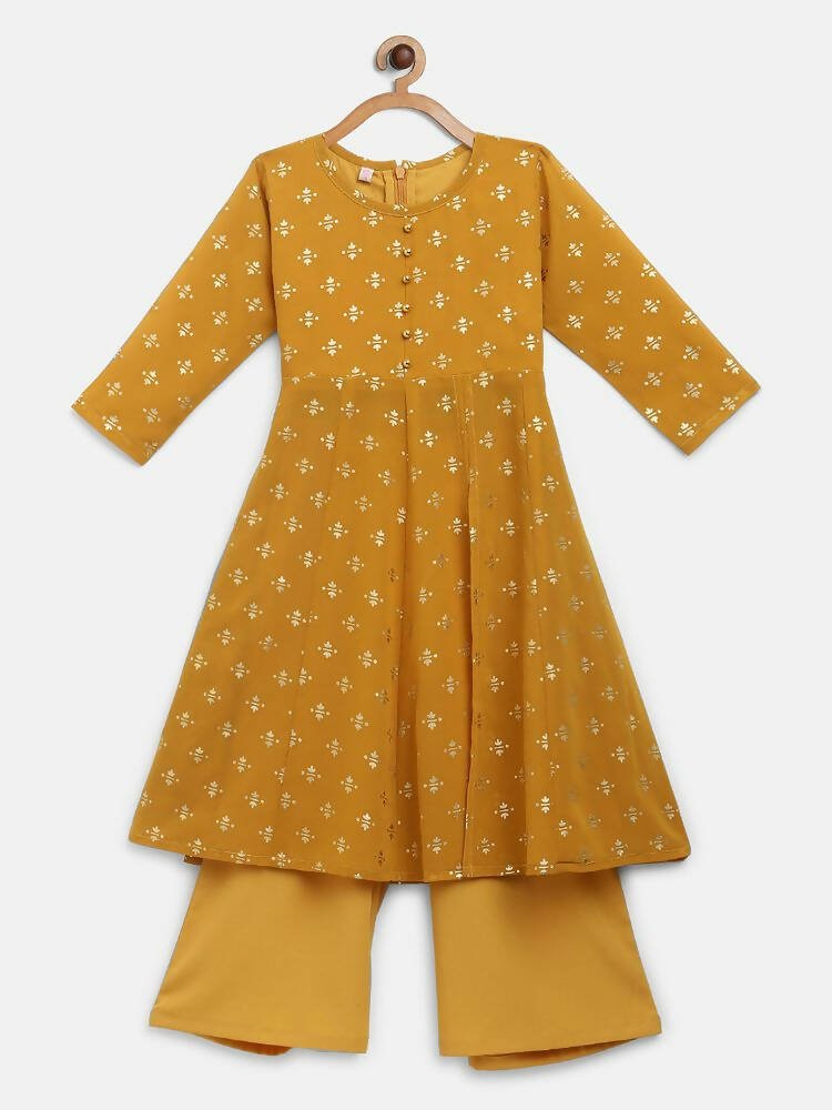 Ahalyaa Mustard Georgette Flared Kids Kurta Palazzo Set For Girls | Grocsy