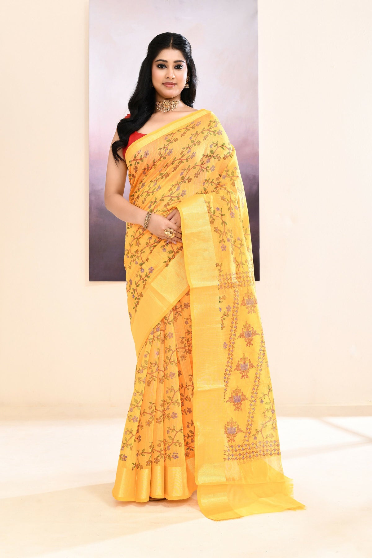 Piyari Fashion Women's Yellow Embellished Cotton Blend Printed Saree | Grocsy