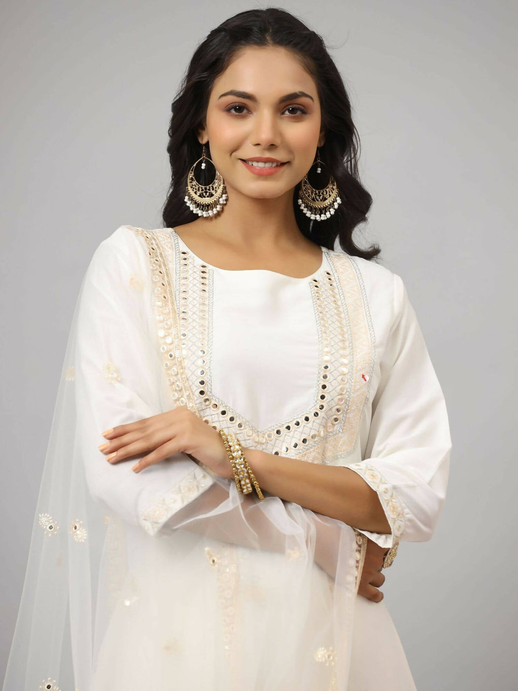Juniper Women's White Chinnon Solid Embroidered Kurta Set | Grocsy