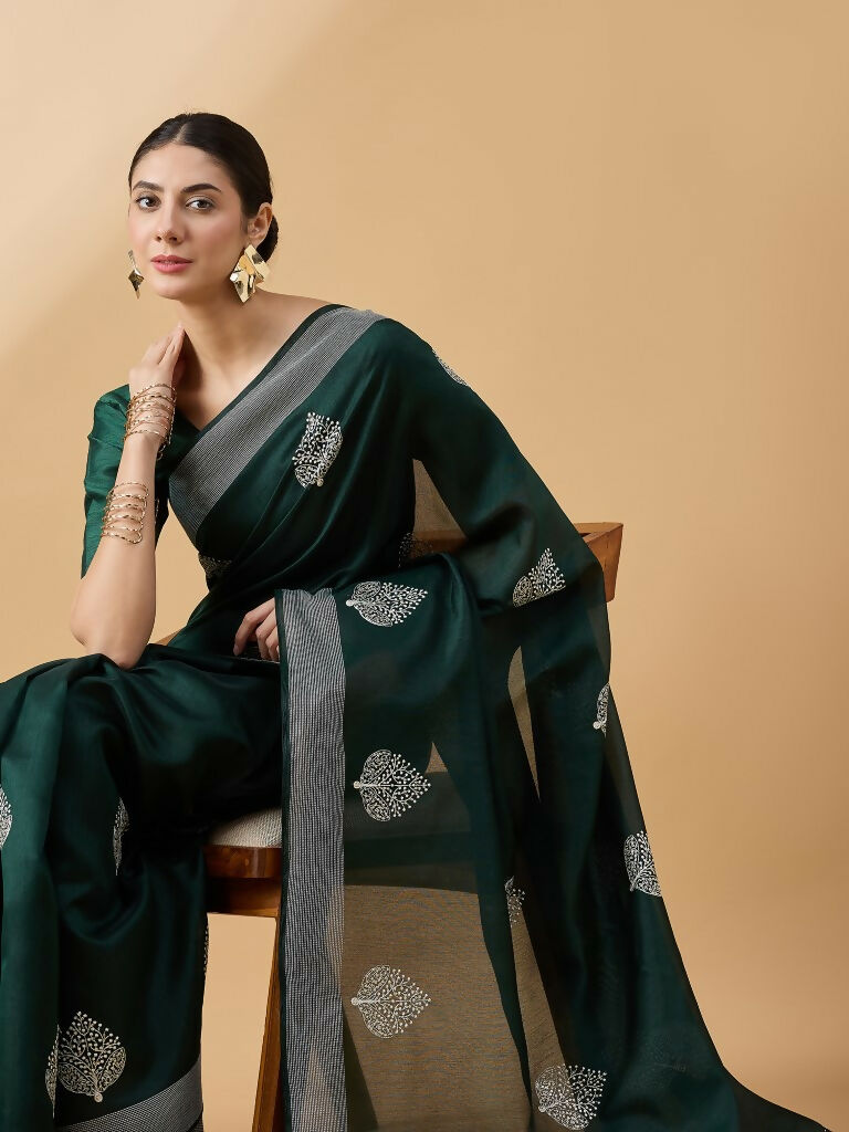 Green Cotton Blend Thread Embroidered Saree with Unstitched Blouse - Satya | Grocsy