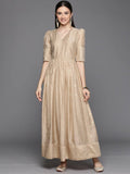 Ahalyaa Women's Beige Chanderi Gold Foil Print Dress | Grocsy