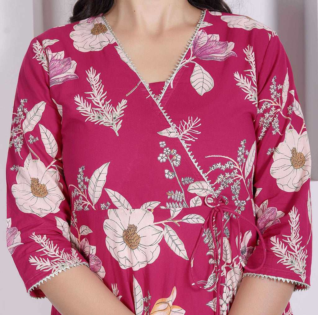 Miravan Womens Pink Floral Printed Angrakha Kurta | Grocsy
