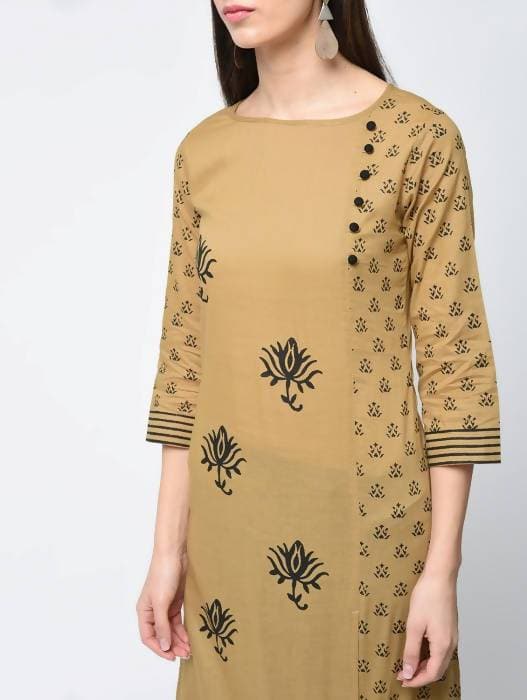 Aniyah Cotton Block Printed Beige Color Front Slit Kurta (AN-117K) | Grocsy