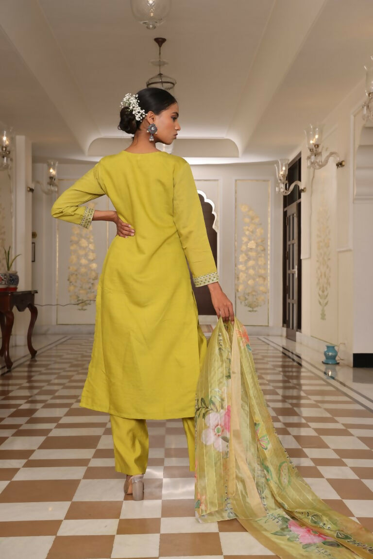 Jyoti Fashion Women's Light Yellow Cotton Silk Floral Print with Embroidered Kurta Set | Grocsy