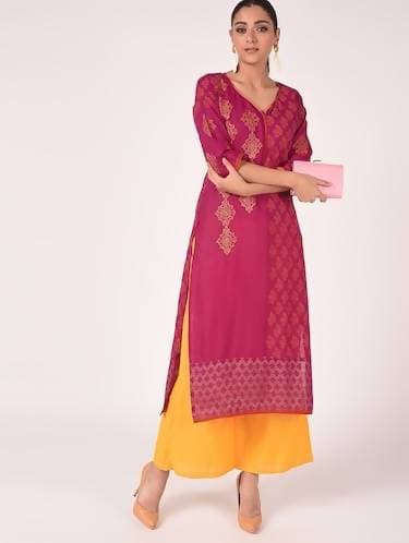 Cheera Hand Block Print Magenta Color Straight Kurta | Grocsy