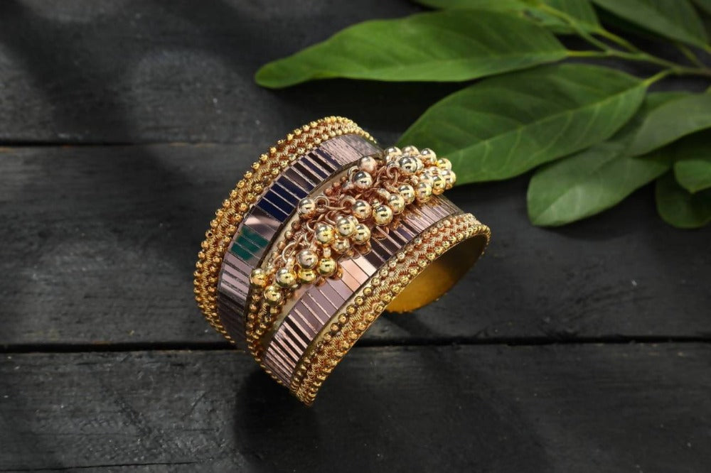 Mominos Fashion Gold-Polished Oxidised Mirror & Ghungroo Cuff openable Bracelet (MF0512)