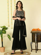 Myshka Women's Black Georgette Top & Palazzos With Dupatta Party Sets | Grocsy