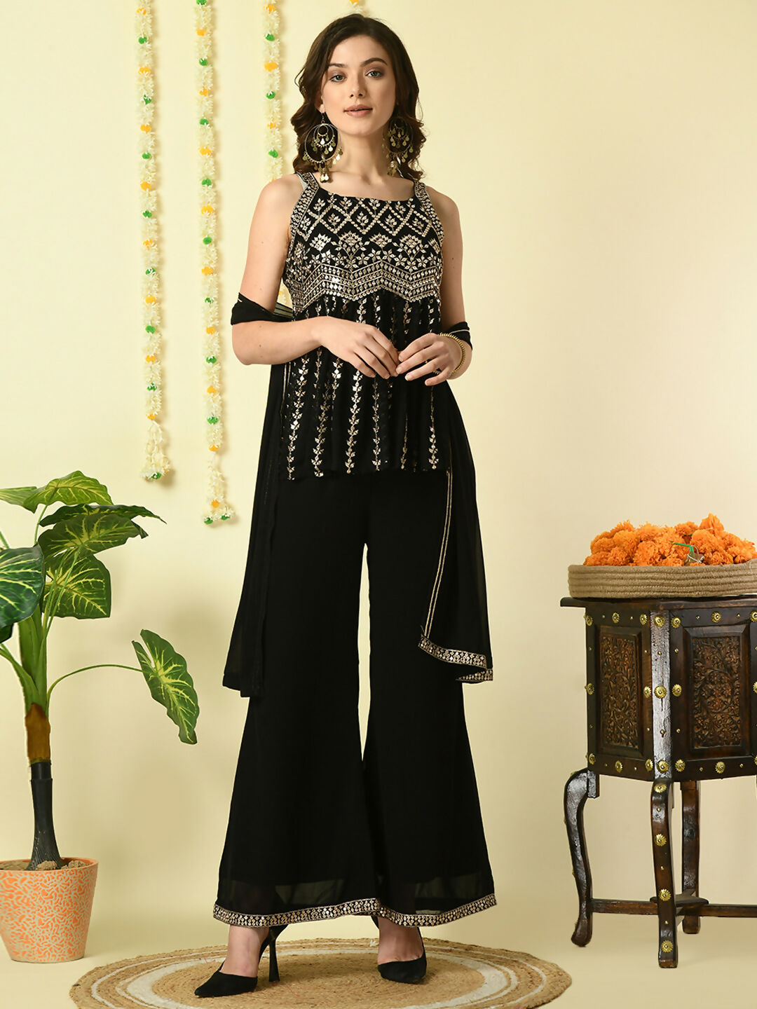 Myshka Women's Black Georgette Top & Palazzos With Dupatta Party Sets | Grocsy
