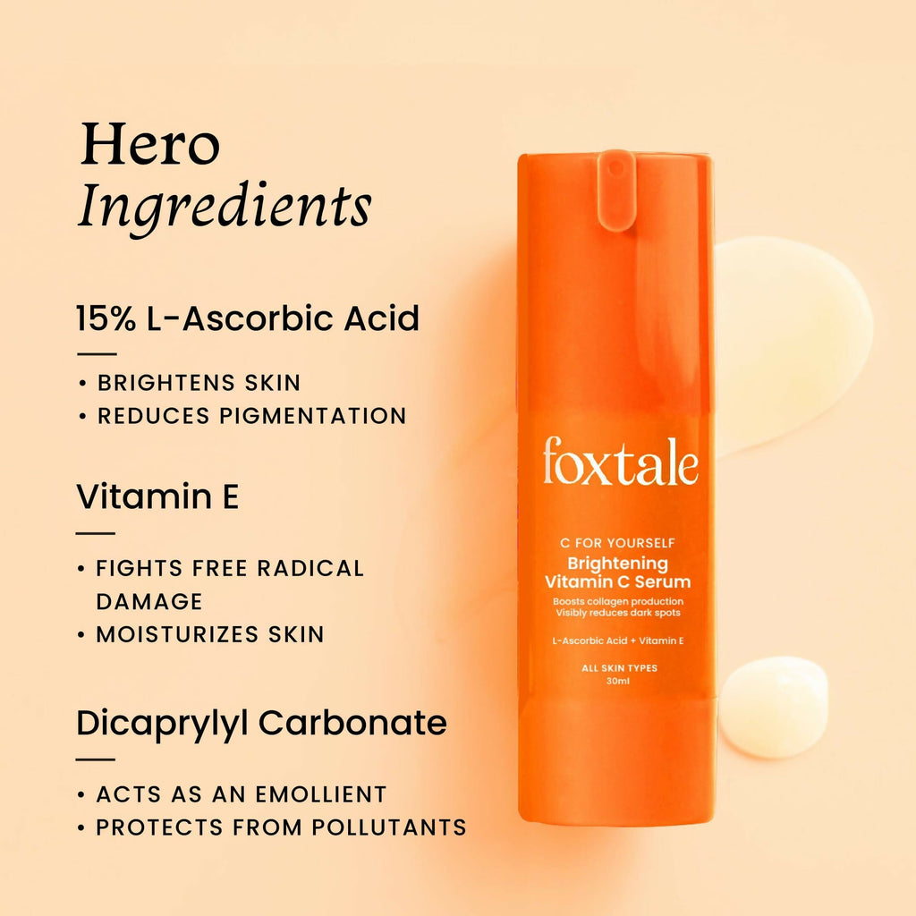 Foxtale Brightening 15% Vitamin C Face Serum With L-Ascorbic Acid And Vitamin E For Glowing Skin For Dark Spots | Grocsy