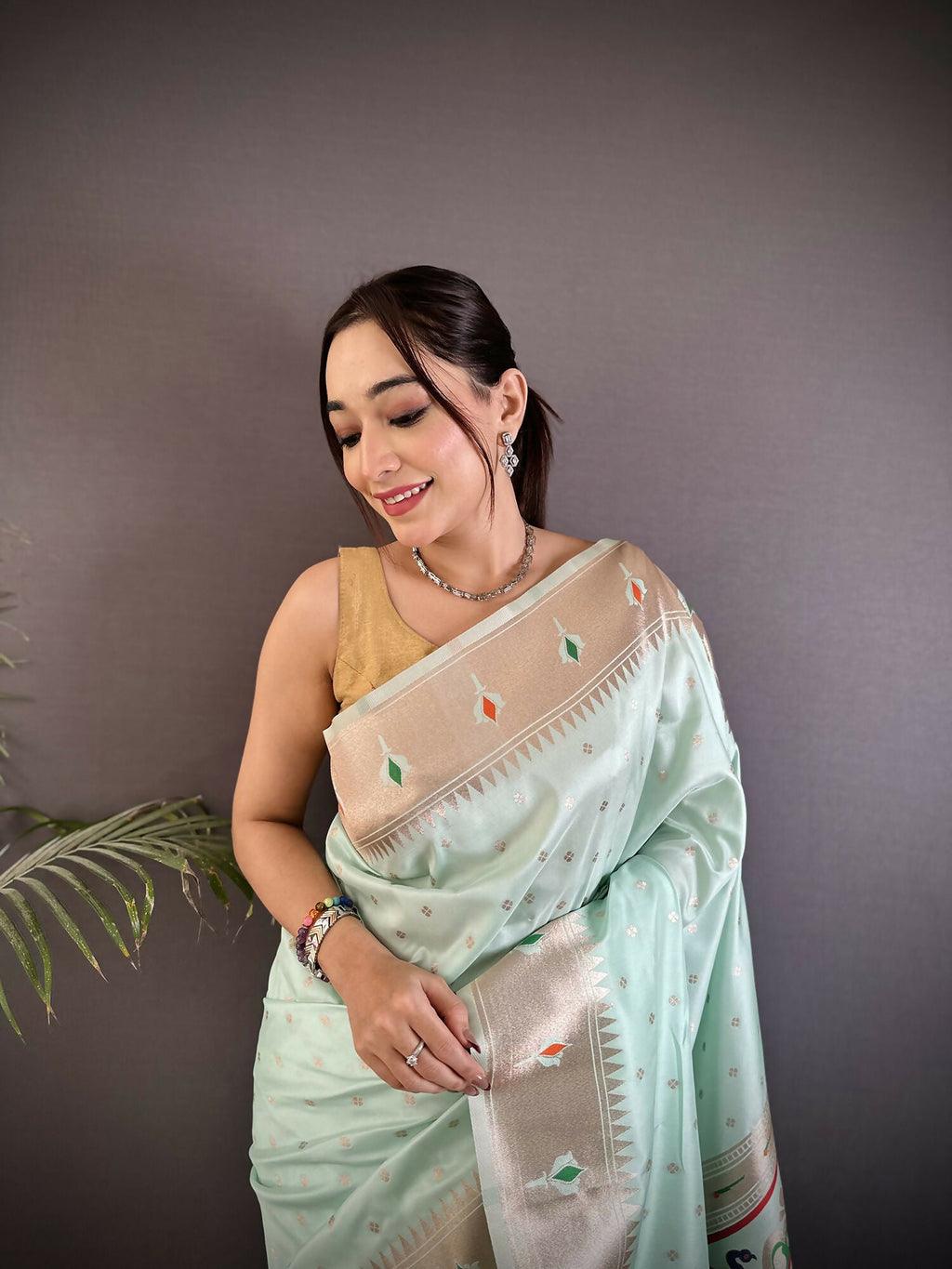 Joban Fashion Sea Green Peacock & Floral Motifs Soft Lichi Silk Kanchipuram Saree | Grocsy