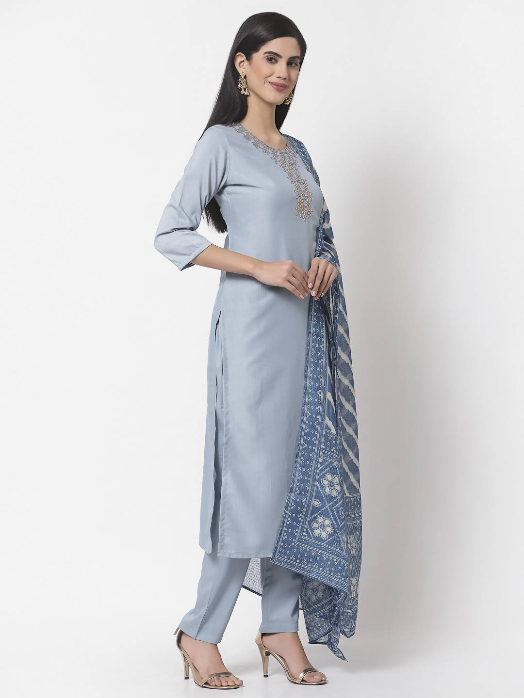 Myshka Women Light Blue Silk Blend Embroidered 3/4 Sleeve Round Neck Kurta Pant Dupatta Set | Grocsy