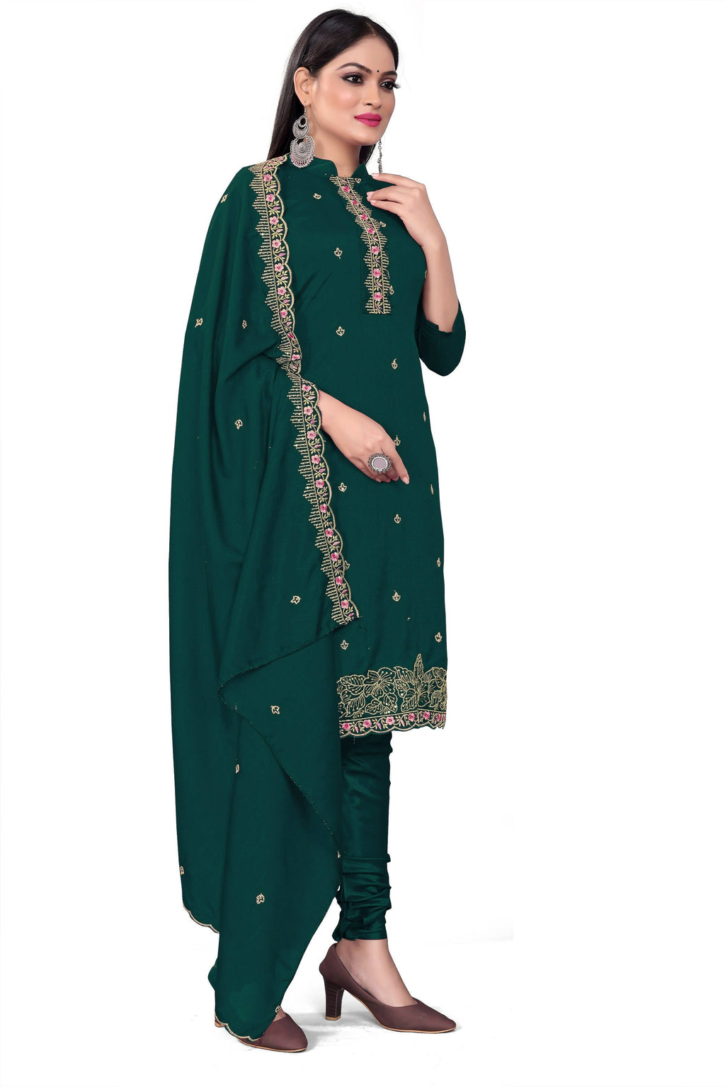 Teal Silk Embroidered with Sequins work Unstitched Dress Material - Tanvi | Grocsy