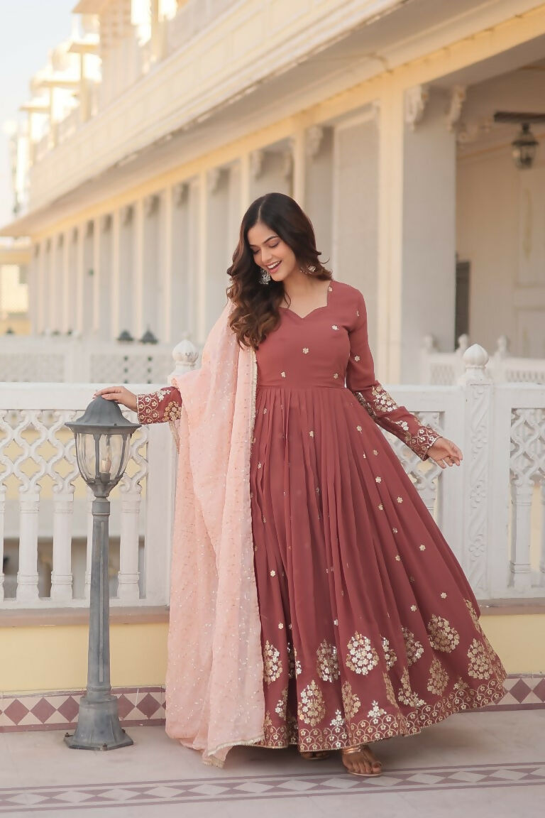 Jyoti Fashion Women's Brown Faux Georgette Sequins Thread Embroidery Anarkali Dress with Dupatta | Grocsy