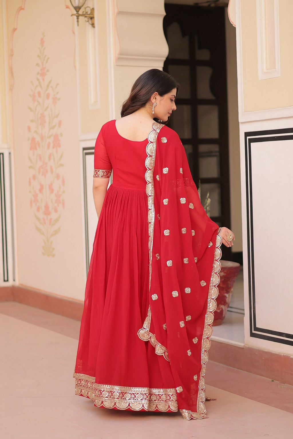 Joban Fashion Red Georgette Sequence Embroidery Work Kurta Set | Grocsy
