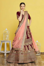 Maroon Velvet Semi-Stitched Wedding Bridal Lehenga - Nimaya | Grocsy