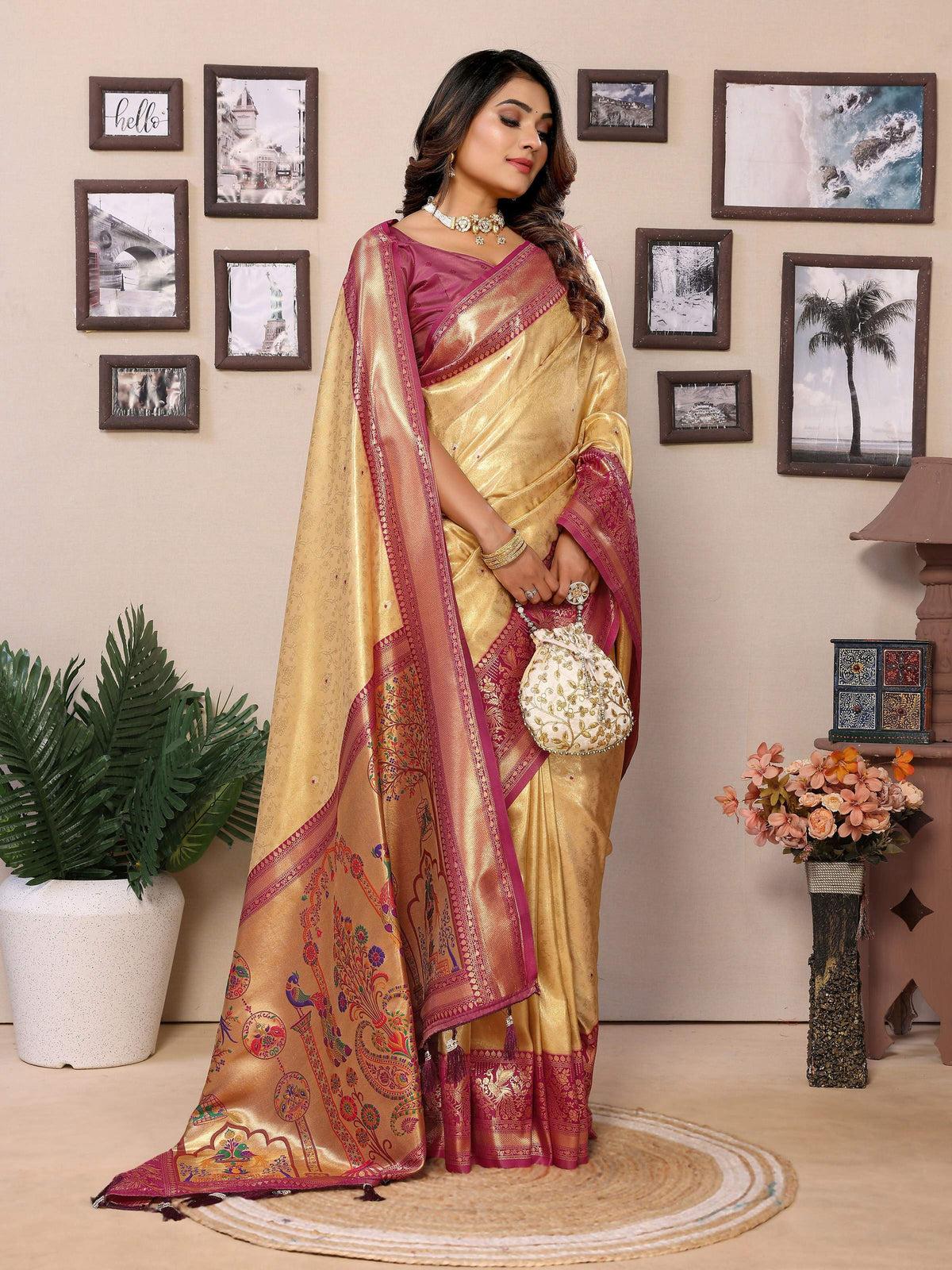 Aastha Fashion Cream Tissue Silk Weaving Saree | Grocsy