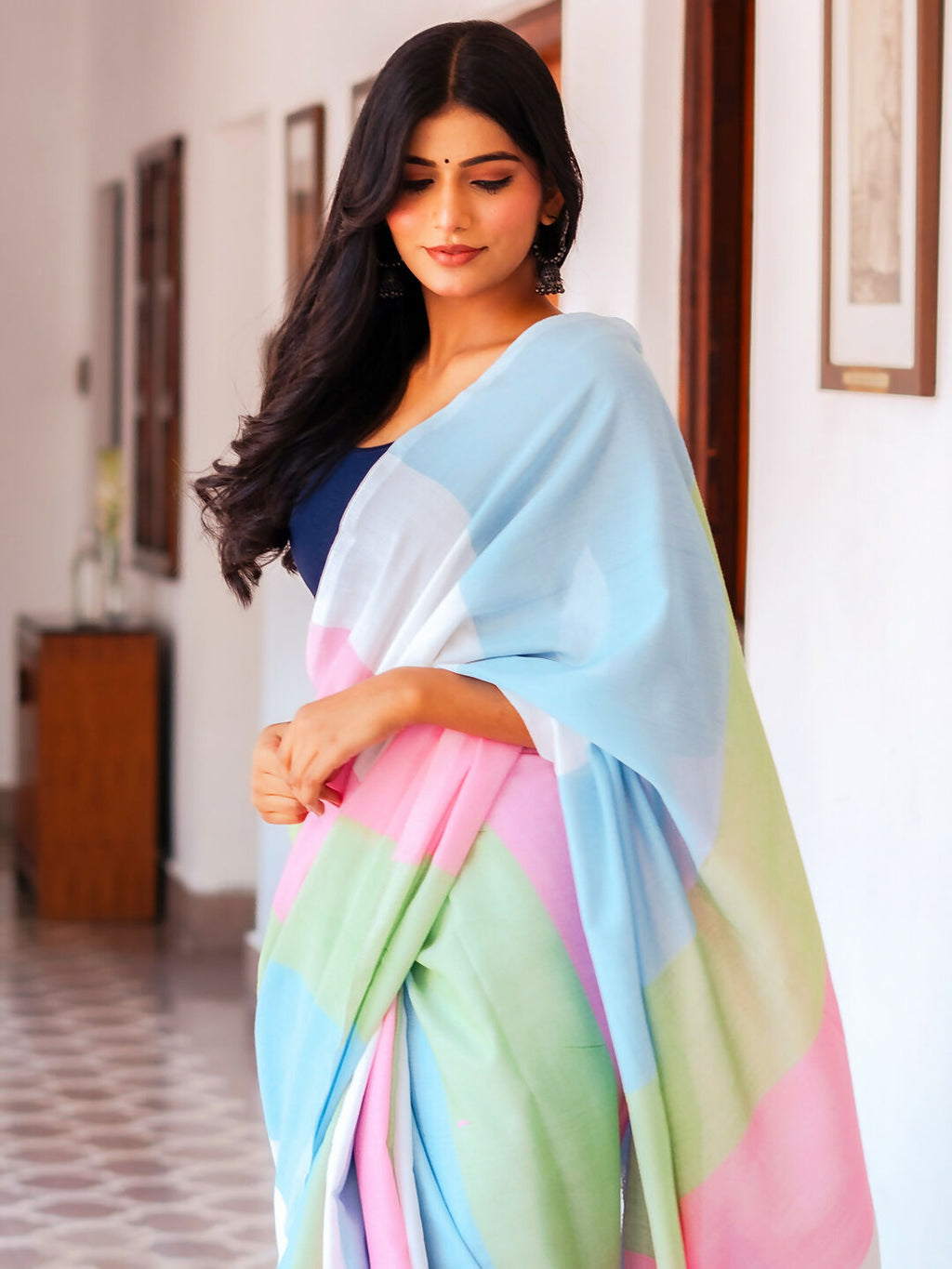 Zibaa Hand-Dyed Mul Cotton Multi-color Saree with Tassels | Grocsy