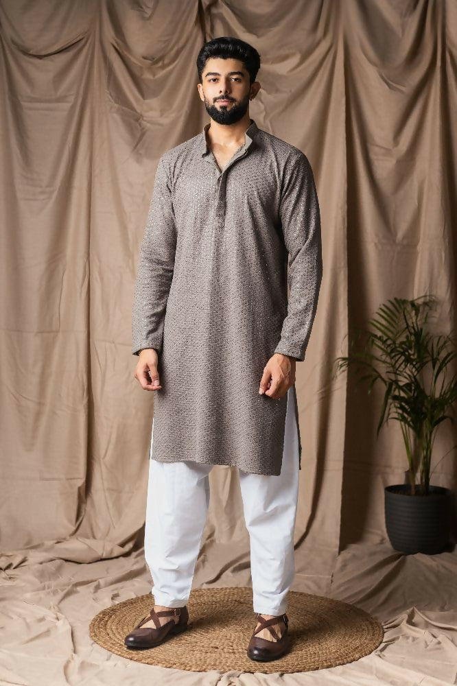 Grey Rayon Thread Embroidery Work Kurta Set - Mahotsav | Grocsy