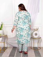 Miravan Women's Plus Size Cotton Light Green Scenic Birds And Leaf Floral Printed Straight Pakistani Style Suit Set | Grocsy