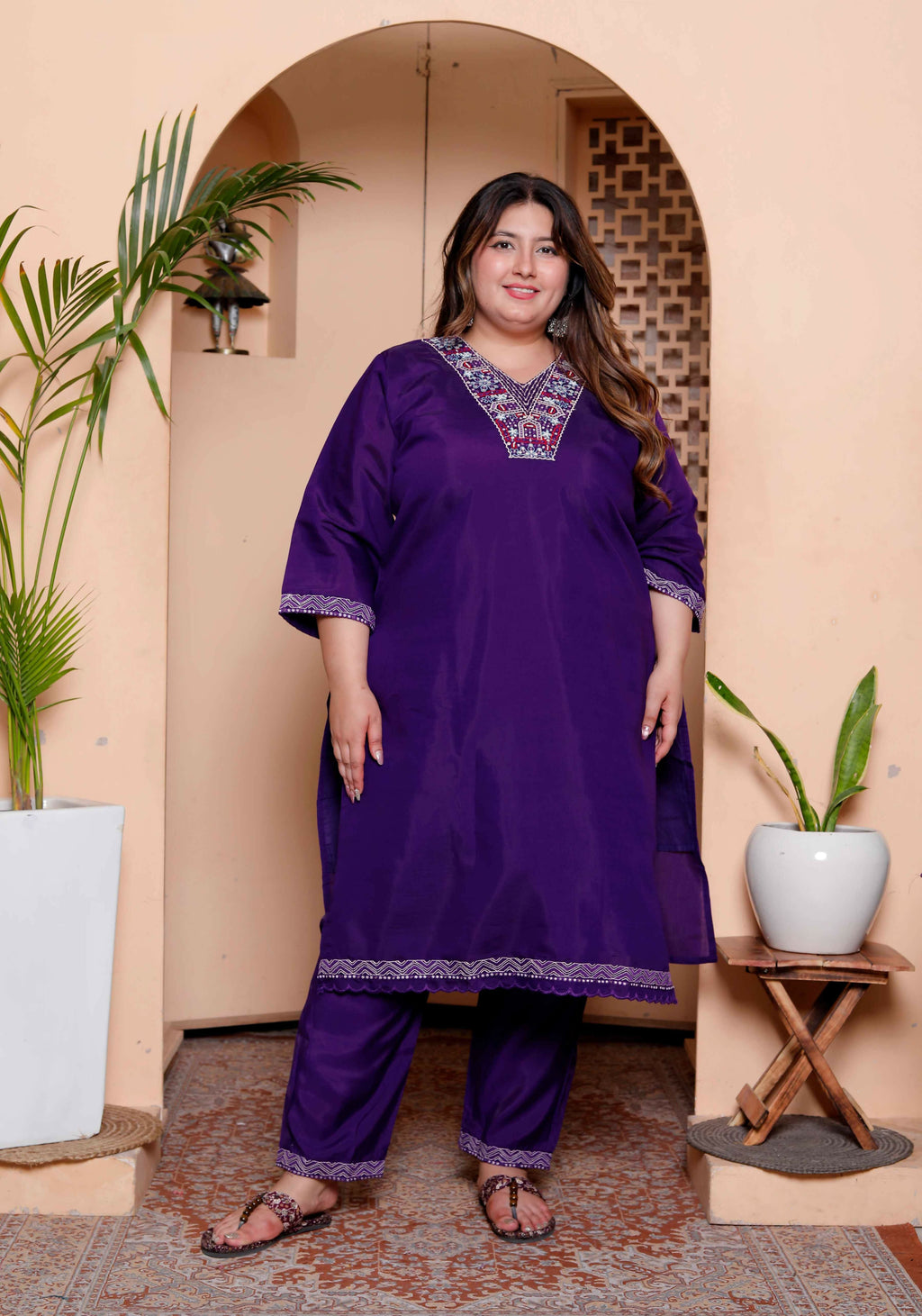 Miravan Women's Plus Size Purple Muslin Straight kurta and palazzo with dupatta Suit set | Grocsy