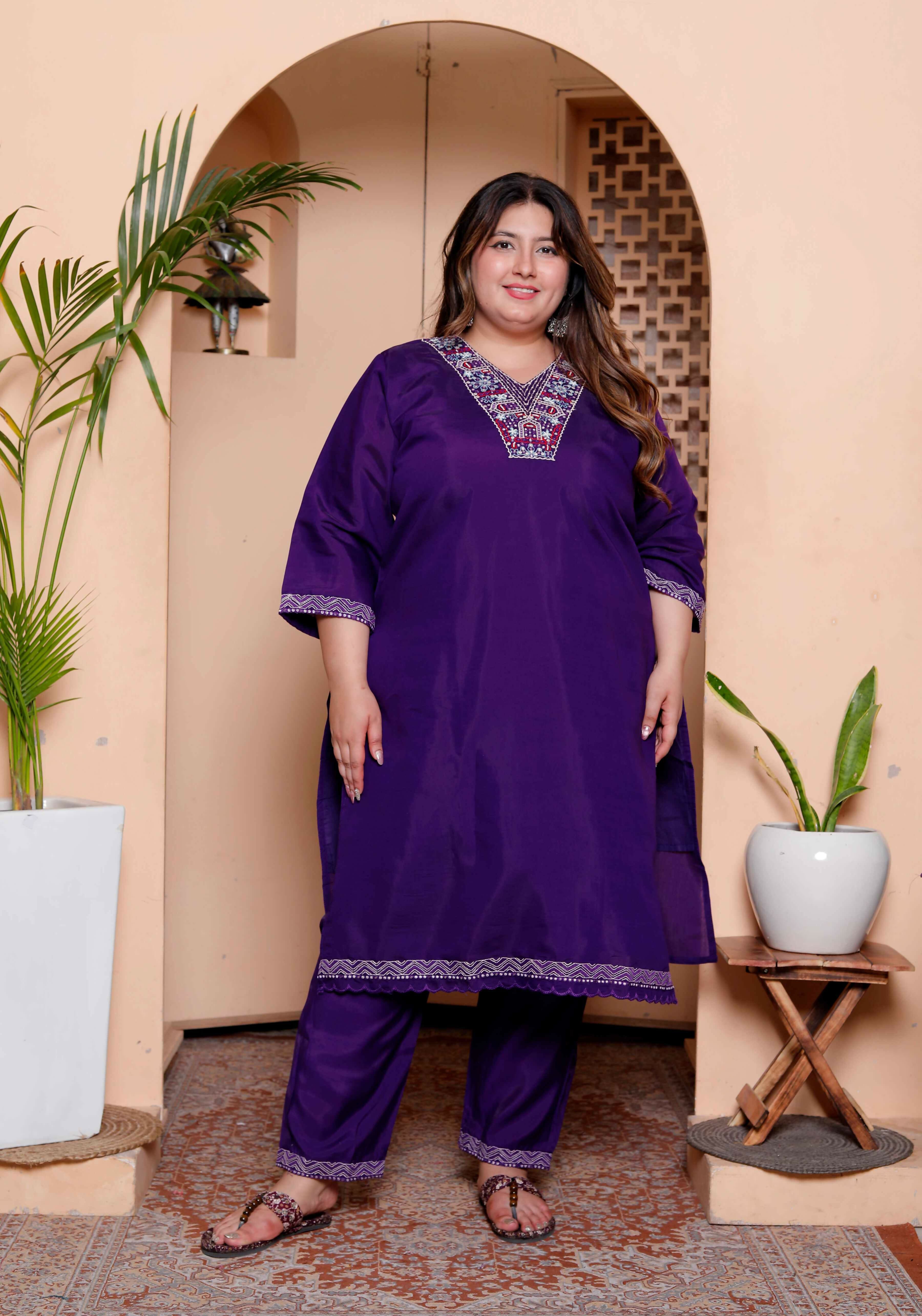 Miravan Women's Plus Size Purple Muslin Straight kurta and palazzo with dupatta Suit set | Grocsy