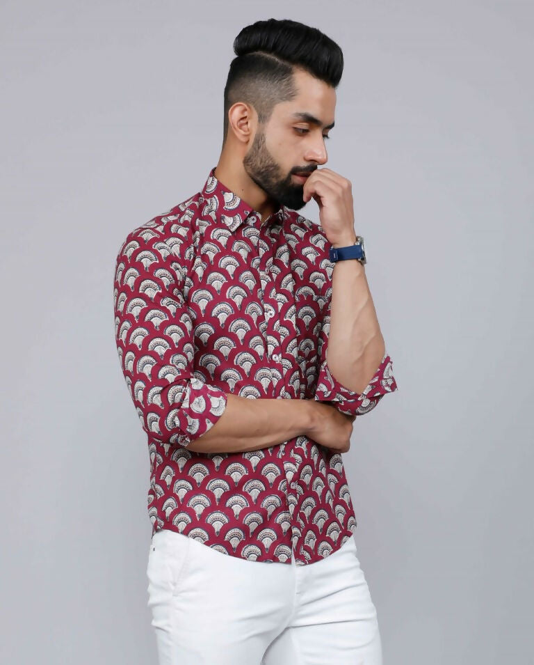 Miravan Men's Cotton Maroon Floral Printed Slim Fit Shirt | Grocsy