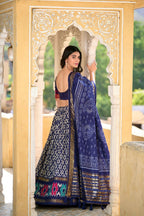 Vastranavya Designer Ikkat Print With Foil Work Lehenga Choli - Navy Blue | Grocsy