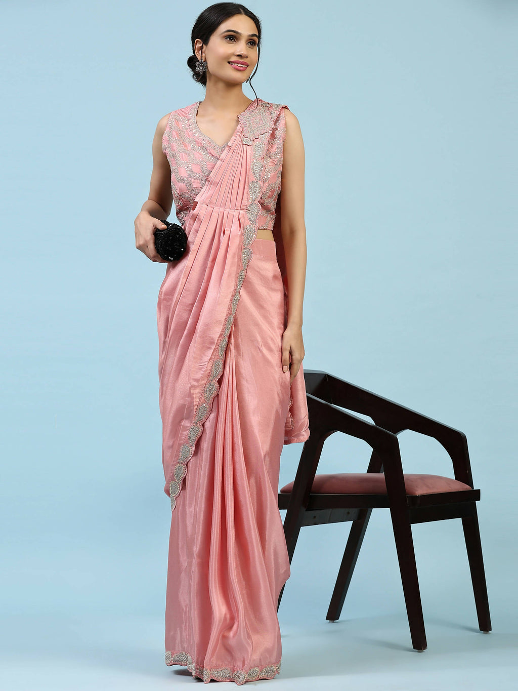 Peach Silk Satin Plain Ready to wear Saree with stitched Blouse - Vrinda | Grocsy