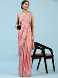 Peach Silk Satin Plain Ready to wear Saree with stitched Blouse - Vrinda | Grocsy