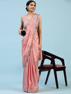 Peach Silk Satin Plain Ready to wear Saree with stitched Blouse - Vrinda | Grocsy